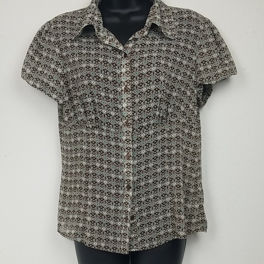 Womens Byer California Brown & Green Geometric Button Down Shirt (SIZE: XL)